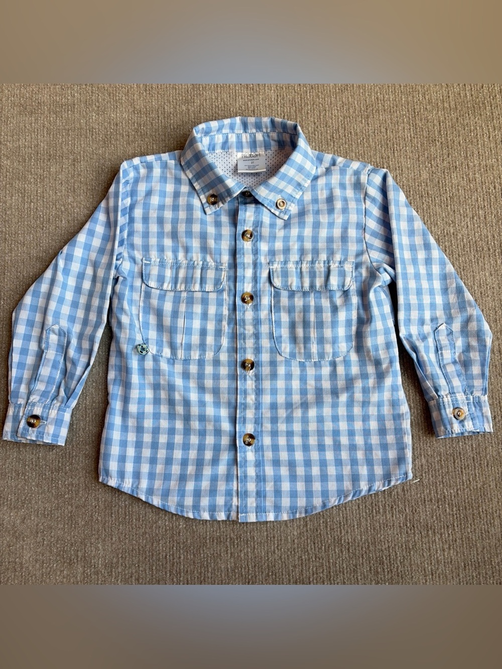 Prodoh Fishing Shirt Boys 2T Button Up Long Sleeve Vented Blue White Checked